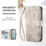 Flowers Leaves Zipper Wallet Leather Phone Case with Strap, For iPhone 13 Pro, For iPhone 12 / 12 Pro, For iPhone 12 Pro Max