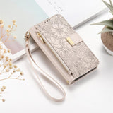 Flowers Leaves Zipper Wallet Leather Phone Case with Strap, For iPhone 13 Pro, For iPhone 12 / 12 Pro, For iPhone 12 Pro Max