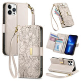 Flowers Leaves Zipper Wallet Leather Phone Case with Strap, For iPhone 13 Pro, For iPhone 12 / 12 Pro, For iPhone 12 Pro Max