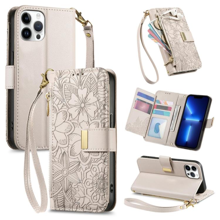 Flowers Leaves Zipper Wallet Leather Phone Case with Strap, For iPhone 13 Pro, For iPhone 12 / 12 Pro, For iPhone 12 Pro Max