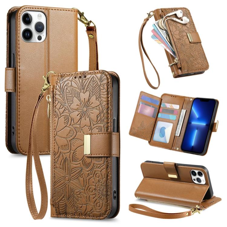 Flowers Leaves Zipper Wallet Leather Phone Case with Strap, For iPhone 13 Pro, For iPhone 12 / 12 Pro, For iPhone 12 Pro Max