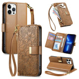 Flowers Leaves Zipper Wallet Leather Phone Case with Strap, For iPhone 13 Pro, For iPhone 12 / 12 Pro, For iPhone 12 Pro Max