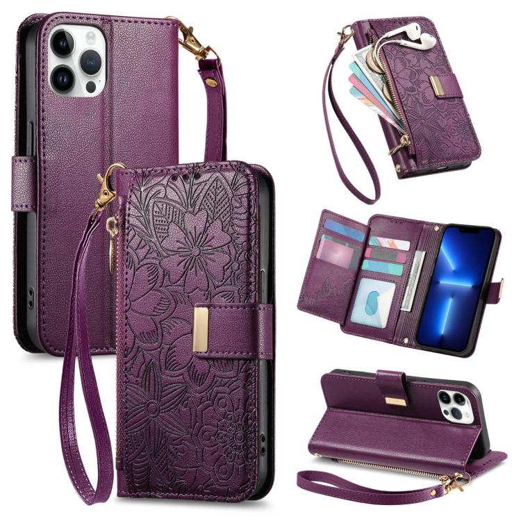 Flowers Leaves Zipper Wallet Leather Phone Case with Strap, For iPhone 13 Pro, For iPhone 12 / 12 Pro, For iPhone 12 Pro Max