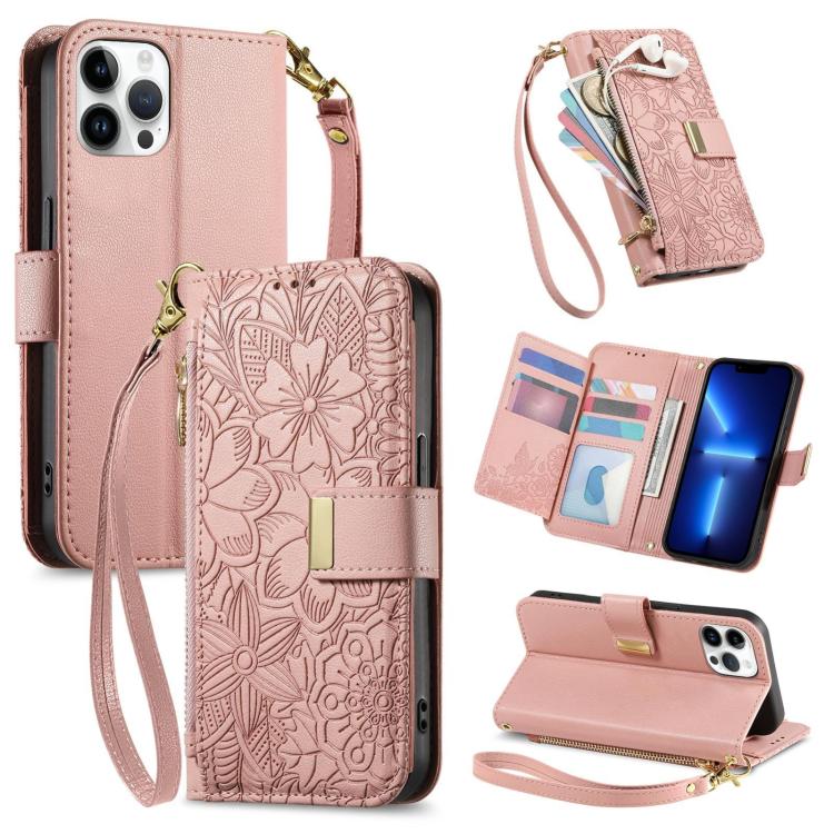 Flowers Leaves Zipper Wallet Leather Phone Case with Strap, For iPhone 13 Pro, For iPhone 12 / 12 Pro, For iPhone 12 Pro Max