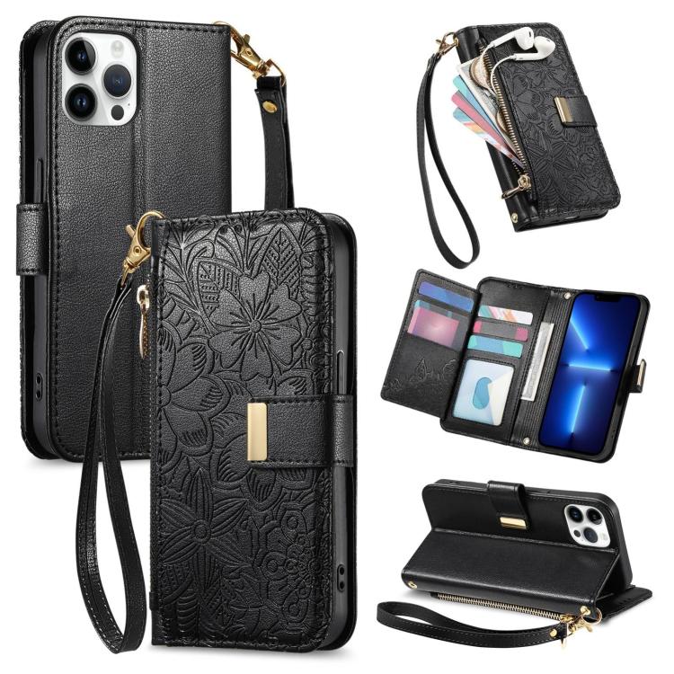 Flowers Leaves Zipper Wallet Leather Phone Case with Strap, For iPhone 13 Pro, For iPhone 12 / 12 Pro, For iPhone 12 Pro Max