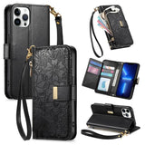 Flowers Leaves Zipper Wallet Leather Phone Case with Strap, For iPhone 13 Pro, For iPhone 12 / 12 Pro, For iPhone 12 Pro Max