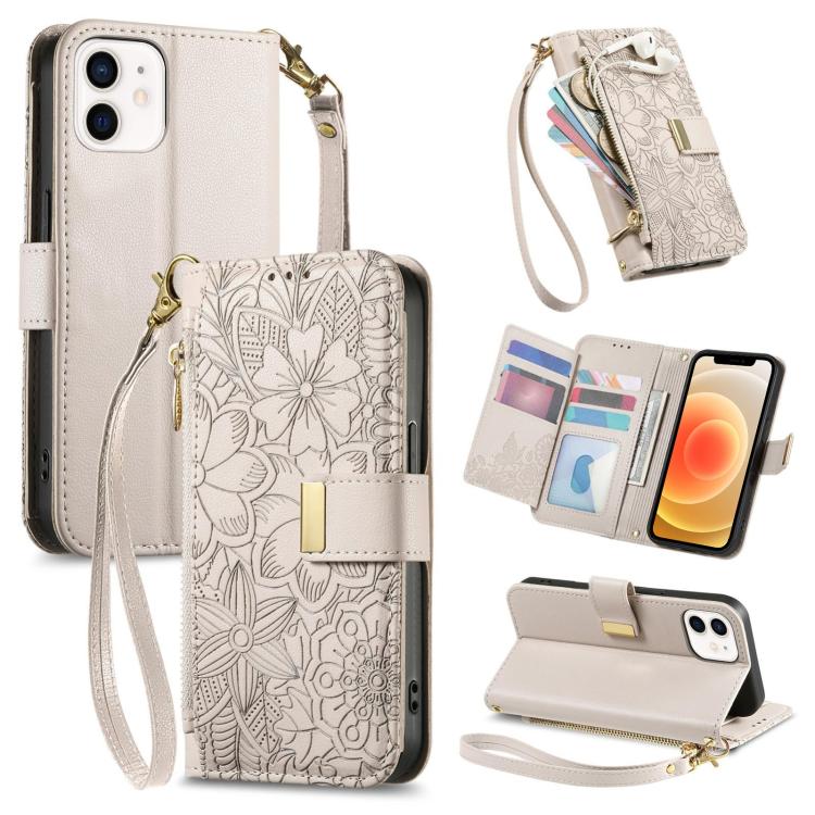 Flowers Leaves Zipper Wallet Leather Phone Case with Strap, For iPhone 13 Pro, For iPhone 12 / 12 Pro, For iPhone 12 Pro Max
