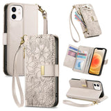 Flowers Leaves Zipper Wallet Leather Phone Case with Strap, For iPhone 13 Pro, For iPhone 12 / 12 Pro, For iPhone 12 Pro Max