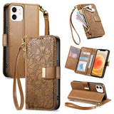 Flowers Leaves Zipper Wallet Leather Phone Case with Strap, For iPhone 13 Pro, For iPhone 12 / 12 Pro, For iPhone 12 Pro Max