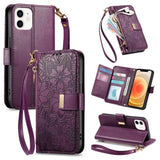 Flowers Leaves Zipper Wallet Leather Phone Case with Strap, For iPhone 13 Pro, For iPhone 12 / 12 Pro, For iPhone 12 Pro Max