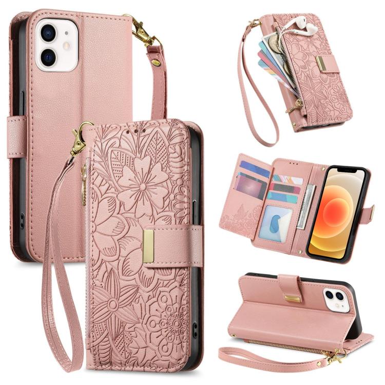 Flowers Leaves Zipper Wallet Leather Phone Case with Strap, For iPhone 13 Pro, For iPhone 12 / 12 Pro, For iPhone 12 Pro Max