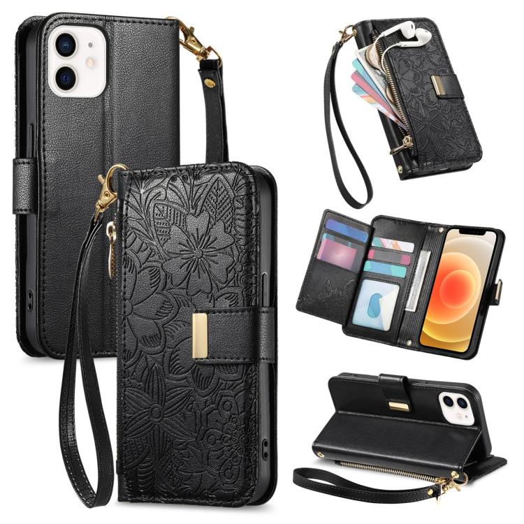 Flowers Leaves Zipper Wallet Leather Phone Case with Strap, For iPhone 13 Pro, For iPhone 12 / 12 Pro, For iPhone 12 Pro Max
