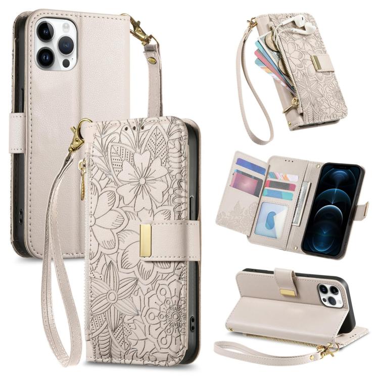 Flowers Leaves Zipper Wallet Leather Phone Case with Strap, For iPhone 13 Pro, For iPhone 12 / 12 Pro, For iPhone 12 Pro Max