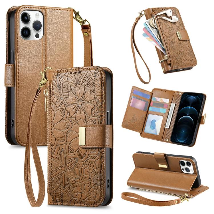 Flowers Leaves Zipper Wallet Leather Phone Case with Strap, For iPhone 13 Pro, For iPhone 12 / 12 Pro, For iPhone 12 Pro Max