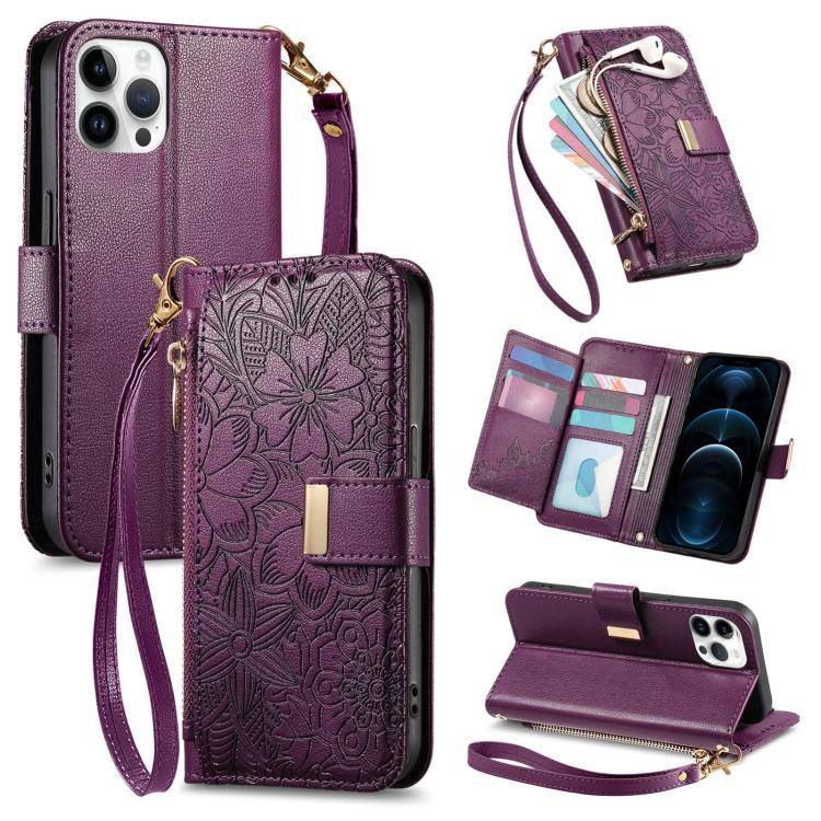 Flowers Leaves Zipper Wallet Leather Phone Case with Strap, For iPhone 13 Pro, For iPhone 12 / 12 Pro, For iPhone 12 Pro Max
