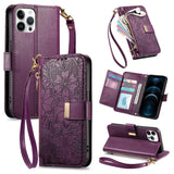 Flowers Leaves Zipper Wallet Leather Phone Case with Strap, For iPhone 13 Pro, For iPhone 12 / 12 Pro, For iPhone 12 Pro Max