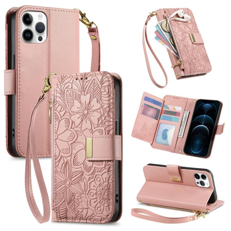 Flowers Leaves Zipper Wallet Leather Phone Case with Strap, For iPhone 13 Pro, For iPhone 12 / 12 Pro, For iPhone 12 Pro Max