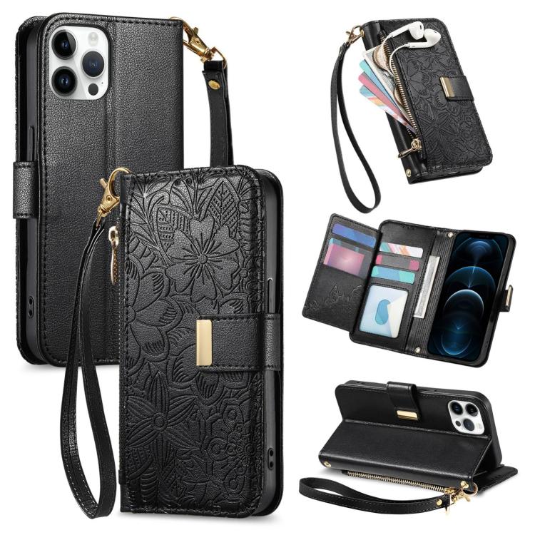 Flowers Leaves Zipper Wallet Leather Phone Case with Strap, For iPhone 13 Pro, For iPhone 12 / 12 Pro, For iPhone 12 Pro Max
