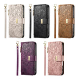 Flowers Leaves Zipper Wallet Leather Phone Case with Strap, For iPhone 13 Pro, For iPhone 12 / 12 Pro, For iPhone 12 Pro Max