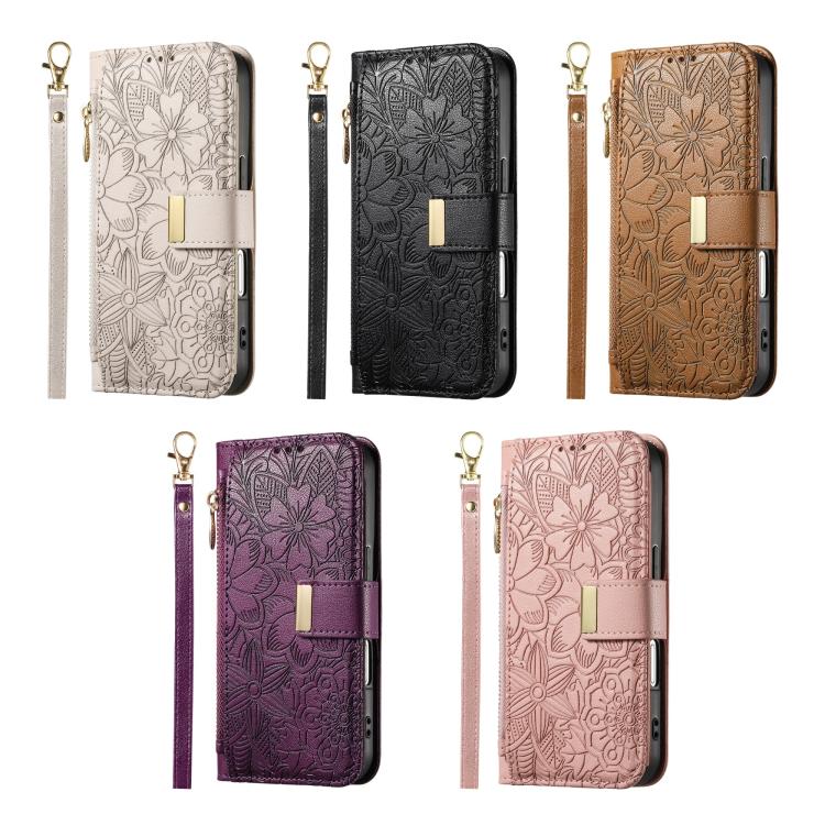 Flowers Leaves Zipper Wallet Leather Phone Case with Strap, For iPhone 13 Pro, For iPhone 12 / 12 Pro, For iPhone 12 Pro Max