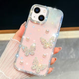 Diamond Glitter Pearl Butterfly Four-Corner Shockproof Phone Case, For iPhone 13