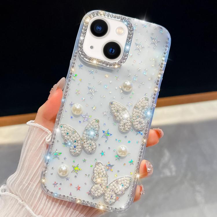 Diamond Glitter Pearl Butterfly Four-Corner Shockproof Phone Case, For iPhone 13