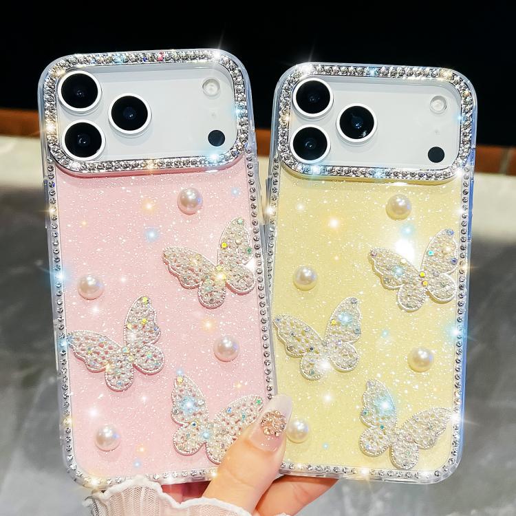 Diamond Glitter Pearl Butterfly Four-Corner Shockproof Phone Case, For iPhone 13