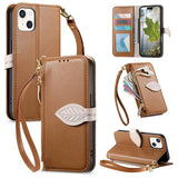 Leaf Buckle Zipper Wallet Leather Phone Case with Strap, For iPhone 13 Pro, For iPhone 13, For IPhone 12 / 12 Pro, For iPhone 12 Pro Max