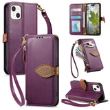 Leaf Buckle Zipper Wallet Leather Phone Case with Strap, For iPhone 13 Pro, For iPhone 13, For IPhone 12 / 12 Pro, For iPhone 12 Pro Max