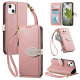 Leaf Buckle Zipper Wallet Leather Phone Case with Strap, For iPhone 13 Pro, For iPhone 13, For IPhone 12 / 12 Pro, For iPhone 12 Pro Max