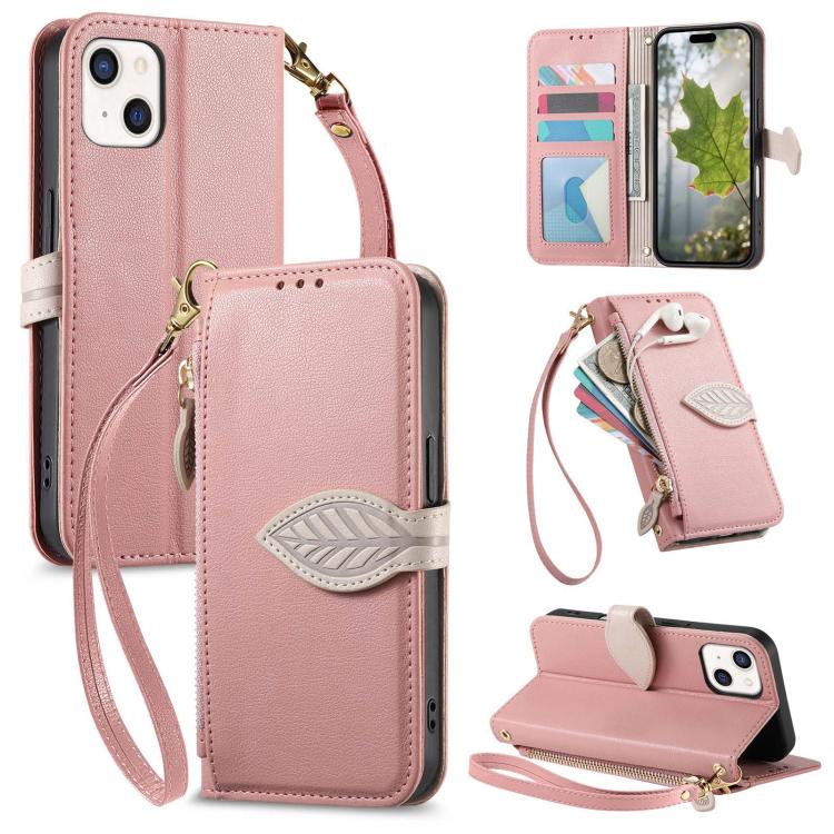 Leaf Buckle Zipper Wallet Leather Phone Case with Strap, For iPhone 13 Pro, For iPhone 13, For IPhone 12 / 12 Pro, For iPhone 12 Pro Max