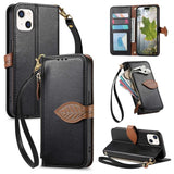 Leaf Buckle Zipper Wallet Leather Phone Case with Strap, For iPhone 13 Pro, For iPhone 13, For IPhone 12 / 12 Pro, For iPhone 12 Pro Max