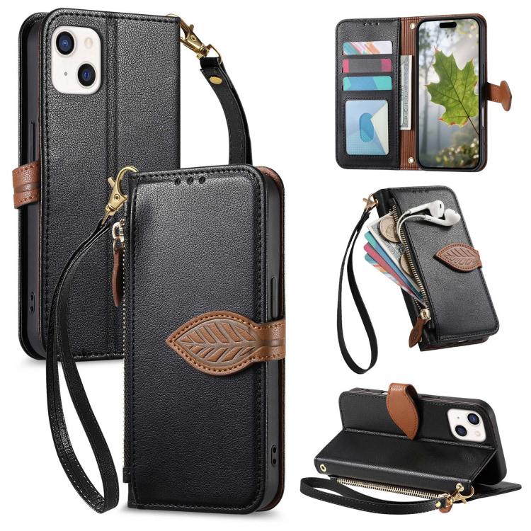 Leaf Buckle Zipper Wallet Leather Phone Case with Strap, For iPhone 13 Pro, For iPhone 13, For IPhone 12 / 12 Pro, For iPhone 12 Pro Max