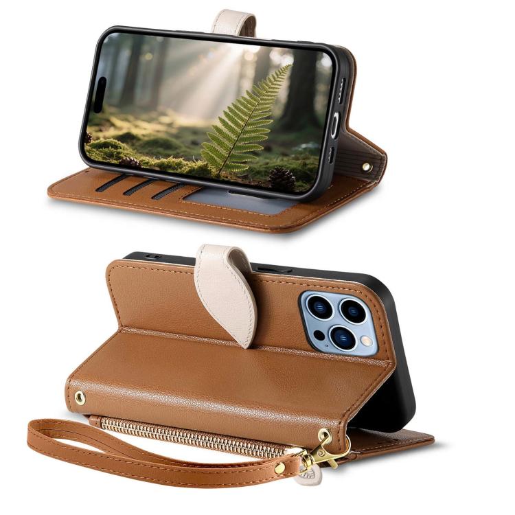 Leaf Buckle Zipper Wallet Leather Phone Case with Strap, For iPhone 13 Pro, For iPhone 13, For IPhone 12 / 12 Pro, For iPhone 12 Pro Max