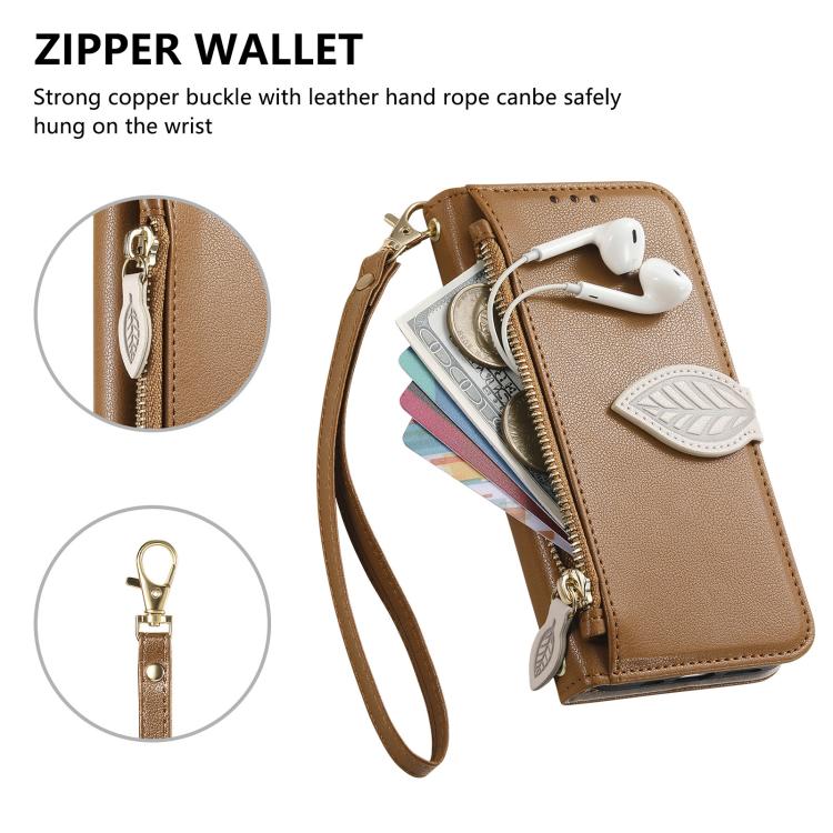 Leaf Buckle Zipper Wallet Leather Phone Case with Strap, For iPhone 13 Pro, For iPhone 13, For IPhone 12 / 12 Pro, For iPhone 12 Pro Max
