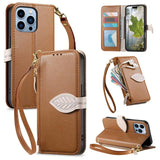 Leaf Buckle Zipper Wallet Leather Phone Case with Strap, For iPhone 13 Pro, For iPhone 13, For IPhone 12 / 12 Pro, For iPhone 12 Pro Max