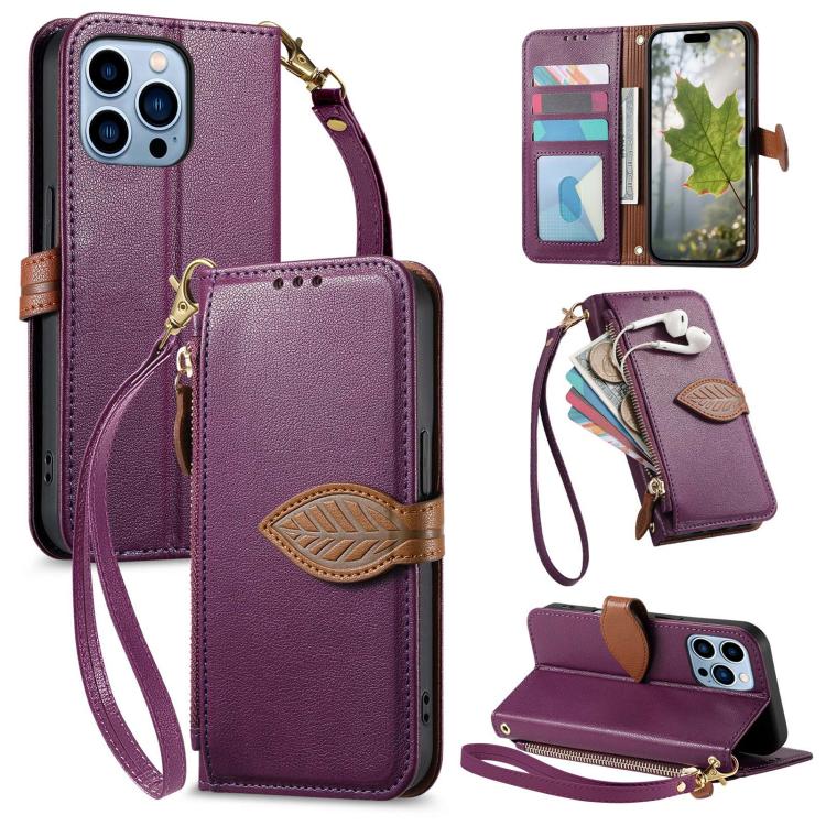 Leaf Buckle Zipper Wallet Leather Phone Case with Strap, For iPhone 13 Pro, For iPhone 13, For IPhone 12 / 12 Pro, For iPhone 12 Pro Max