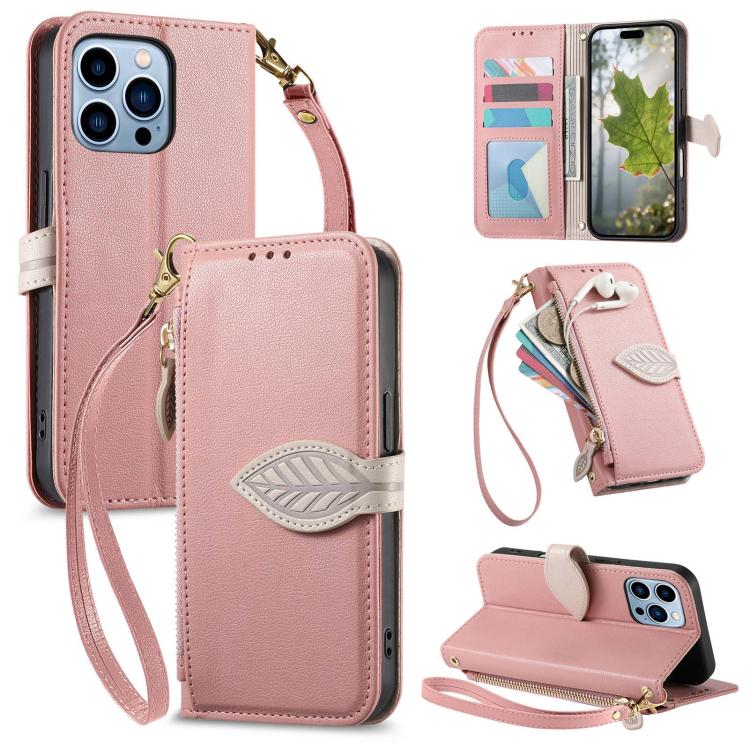 Leaf Buckle Zipper Wallet Leather Phone Case with Strap, For iPhone 13 Pro, For iPhone 13, For IPhone 12 / 12 Pro, For iPhone 12 Pro Max