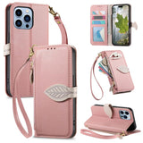 Leaf Buckle Zipper Wallet Leather Phone Case with Strap, For iPhone 13 Pro, For iPhone 13, For IPhone 12 / 12 Pro, For iPhone 12 Pro Max