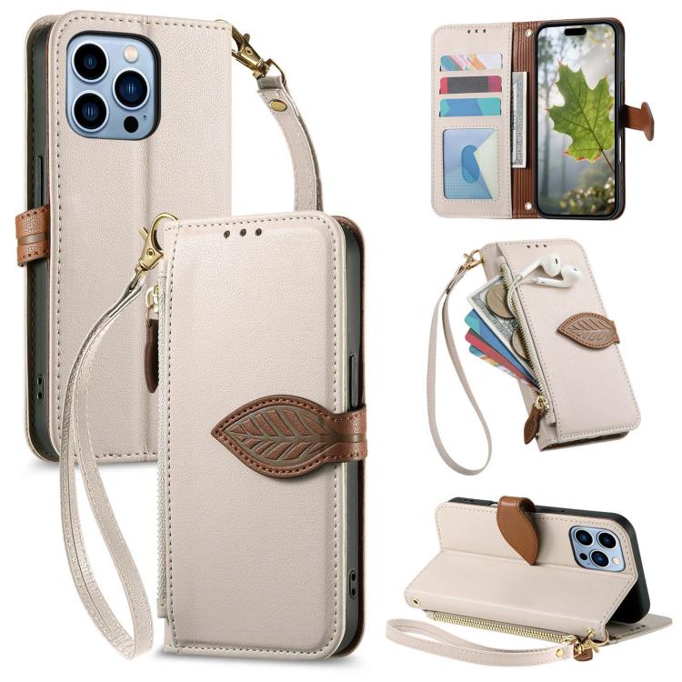 Leaf Buckle Zipper Wallet Leather Phone Case with Strap, For iPhone 13 Pro, For iPhone 13, For IPhone 12 / 12 Pro, For iPhone 12 Pro Max