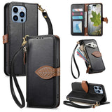 Leaf Buckle Zipper Wallet Leather Phone Case with Strap, For iPhone 13 Pro, For iPhone 13, For IPhone 12 / 12 Pro, For iPhone 12 Pro Max