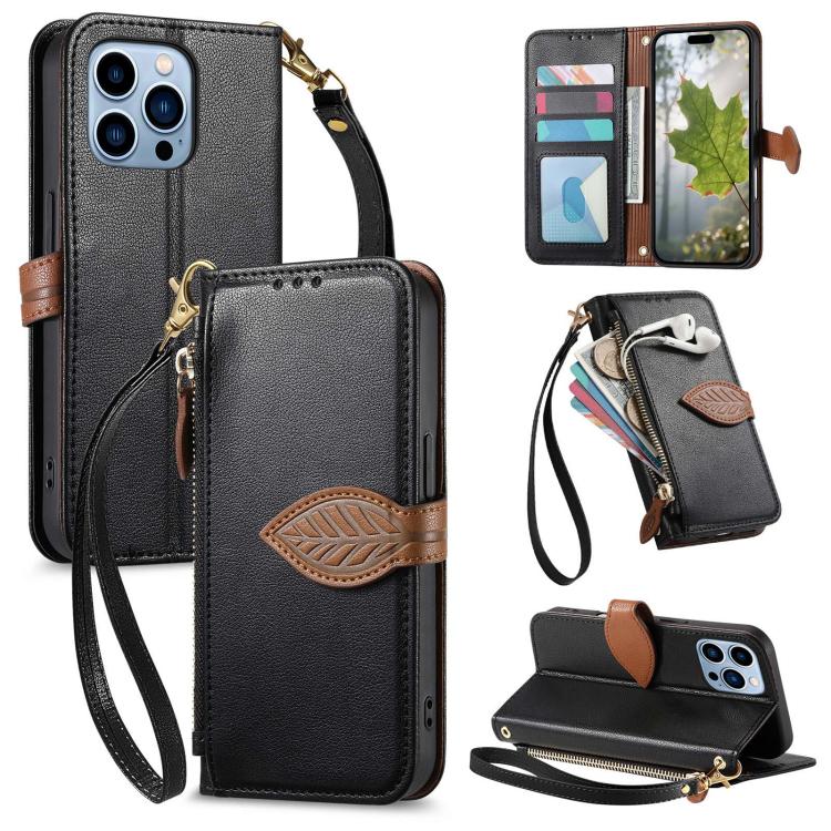 Leaf Buckle Zipper Wallet Leather Phone Case with Strap, For iPhone 13 Pro, For iPhone 13, For IPhone 12 / 12 Pro, For iPhone 12 Pro Max
