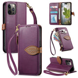 Leaf Buckle Zipper Wallet Leather Phone Case with Strap, For iPhone 13 Pro, For iPhone 13, For IPhone 12 / 12 Pro, For iPhone 12 Pro Max
