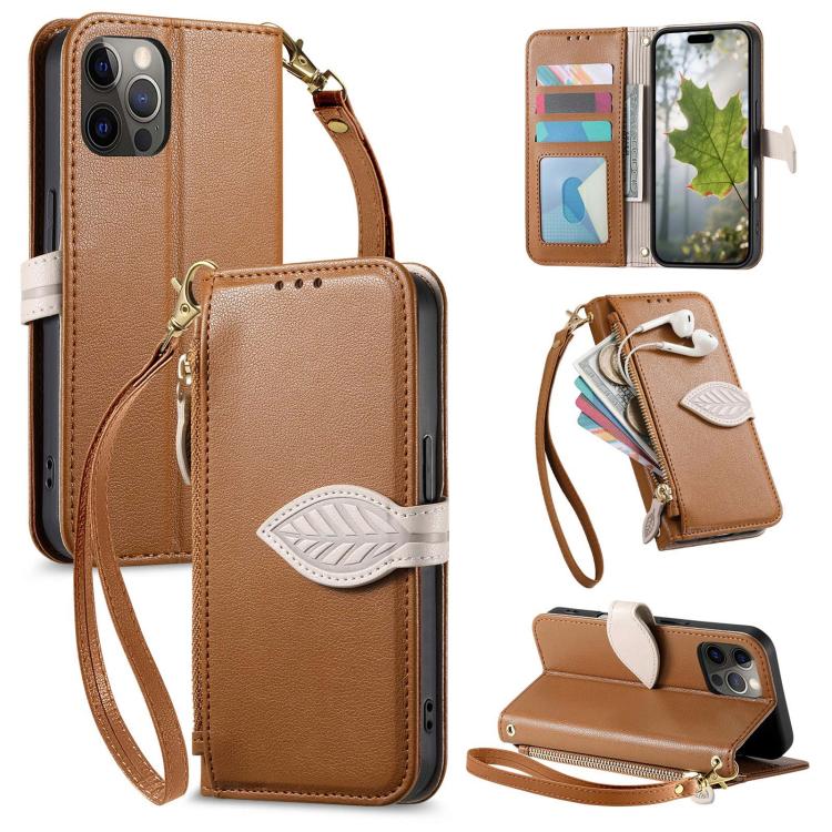 Leaf Buckle Zipper Wallet Leather Phone Case with Strap, For iPhone 13 Pro, For iPhone 13, For IPhone 12 / 12 Pro, For iPhone 12 Pro Max