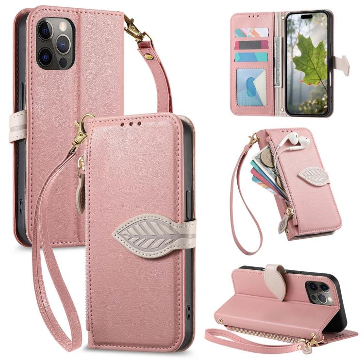 Leaf Buckle Zipper Wallet Leather Phone Case with Strap, For iPhone 13 Pro, For iPhone 13, For IPhone 12 / 12 Pro, For iPhone 12 Pro Max