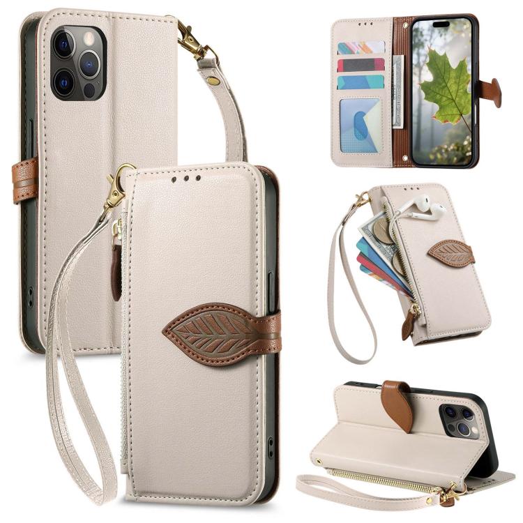 Leaf Buckle Zipper Wallet Leather Phone Case with Strap, For iPhone 13 Pro, For iPhone 13, For IPhone 12 / 12 Pro, For iPhone 12 Pro Max