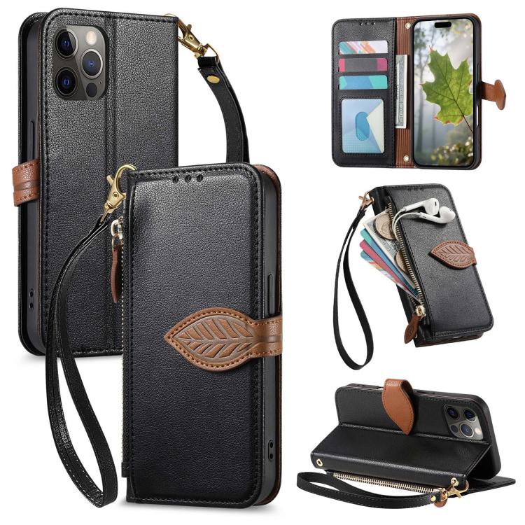 Leaf Buckle Zipper Wallet Leather Phone Case with Strap, For iPhone 13 Pro, For iPhone 13, For IPhone 12 / 12 Pro, For iPhone 12 Pro Max