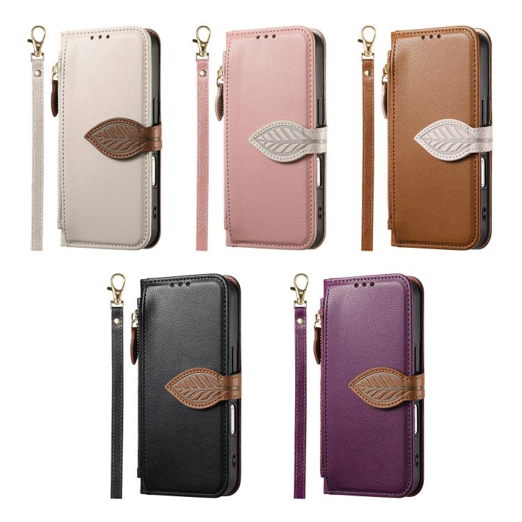 Leaf Buckle Zipper Wallet Leather Phone Case with Strap, For iPhone 13 Pro, For iPhone 13, For IPhone 12 / 12 Pro, For iPhone 12 Pro Max