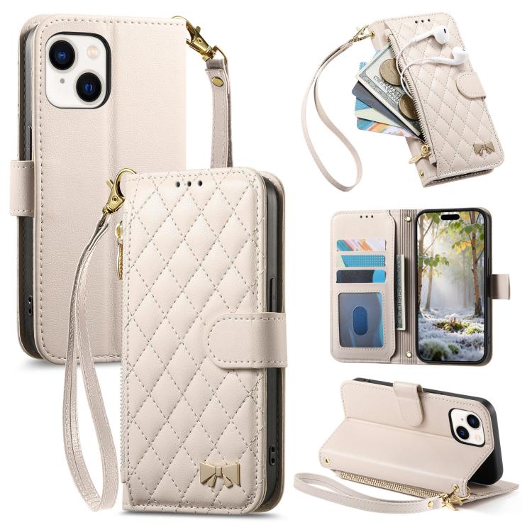 Rhombic Texture Zipper Wallet Metal Bow-knot Vegan Leather Phone Case with Strap, For iPhone 15 Pro, For iPhone 15 Plus, For iPhone 15