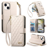 Rhombic Texture Zipper Wallet Metal Bow-knot Vegan Leather Phone Case with Strap, For iPhone 15 Pro, For iPhone 15 Plus, For iPhone 15